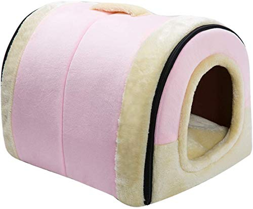 Hollypet Katzenbett Kleines Hundebett, 2-in-1 Faltbare Haustierbett für Katzen & Kleine Hunde, Warmes Höhlennest Kristallsamt-Katzenhöhle Indoor Outdoor, Rosa