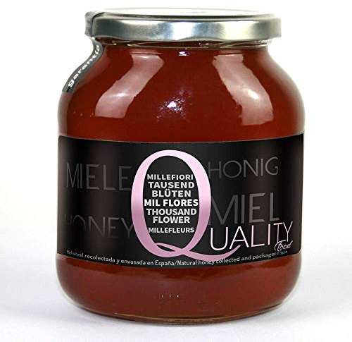 Miel d'abeille pur 100%. Miel brut. 1 Kg. Produit en Espagne. Non pasteurisé et non chauffé. Artisan de haute qualité. Bocal en verre. Grande variété de saveurs exquises. (Mille Fleurs)