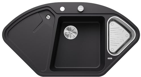 BLANCO DELTA II | Granitspüle aus SILGRANIT schwarz | [105,7x57,5x19,5 cm] | für 80 cm breite Unterschränke | Ergonomische Anordnung | Eckspüle | Hauptbecken links