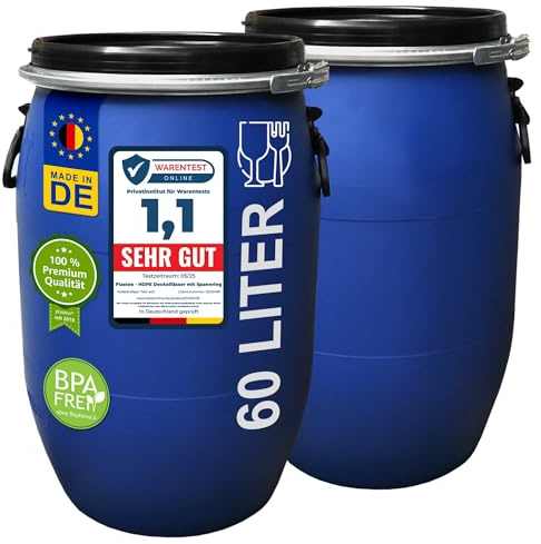 plasteo® 2 Stück: 60 L Weithalsfass mit Spannverschluss | 100% Lebensmittelecht | Universalfass | Futtertonne | Regen Maische Tierfutter Trinkwasser Camping Lagerfass | Stapelbar | Blau