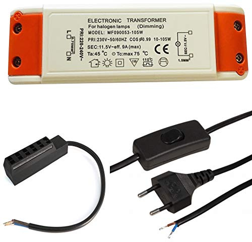 Elektronischer Halogen Transformator Trafo 105Watt inkl. AMP Verteiler und 230V Zuleitung Leistungsbereich: 10 bis 105Watt mit Schnurschalter