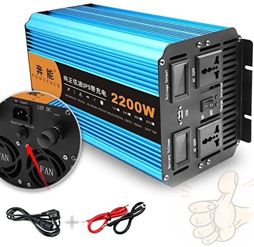 Inverter Dc 12V/24V a Ac 220V Convertitore Tensione Carica UPS Onda Sinusoidale Pura Con 2 Prese Eu E 1 USB Display Digitale,per Navi Domestiche Solari Del Veicolo,2200W-24Vto220V