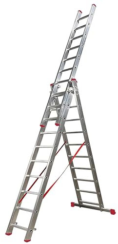 BTF Escalera de aluminio 3 Tramos Extensible Transformable Serie PROFI 3,0+3,0+3,0 Metros 11 peldaños por tramo, Perfil 80x25mm | Robusta escalera para trabajos en nivel profesional. Ref. BTF-ETTE8030