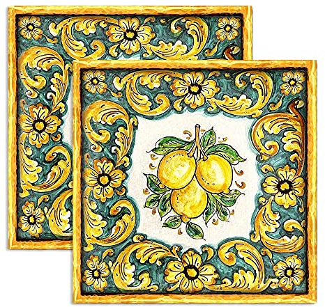 Lupia - Sottotutto decorato in Legno QUADRATO Sotto bicchiere, piatto, pentola LIMONI DI SICILIA 20x20 cm Set 2 pz