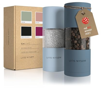 LARS NYSØM Salz und Pfeffermühle Set aus Edelstahl mit einstellbarem Keramikmahlwerk I Pfeffermühle und Salzmühle I Manuelle Gewürzmühlen (2 Stück) (Blue)
