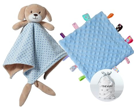 CREVENT Weiche Plüschtier-Sicherheitsdecken für Jungen und Mädchen, tolle Geschenke für Geburtstag Babyparty (Blauer Hund + Etikett)