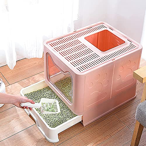 Katzenklo, Katzentoilette, mit Deckel, ausziehbares Tablett, geräumig für Katzen bis 15 kg, weniger Spuren, auslaufsicherer Boden (Sakura Rosa)