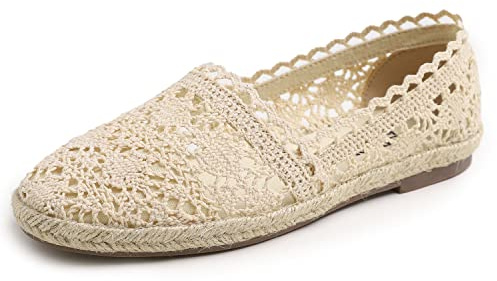 Feversole Close Toe Espadrilles Women's Comfort Breathable Slip On Flats Shoes Beige Knit Crochet Jute Size 5