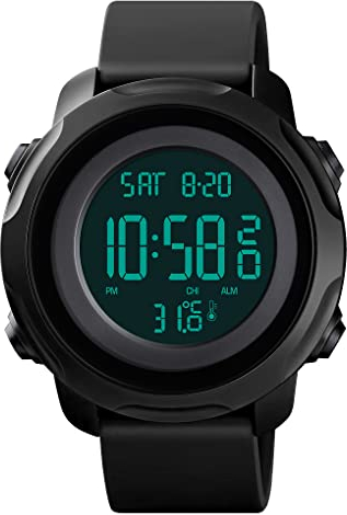 FeiWen Unisex Termometro Orologi da Polso da Uomo e Donna Impermeabili Outdoor Militare LED Digitali Doppio Tempo Allarme Multifunzione Sportivi Orologio Plastica Cassa e Gomma Banda (Nero)