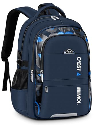 Amythe Sac Ecole pour Adolescent Enfants, Cartable Garcon Primaire Grande Capacité Loisir Sac à Dos pc Portable Imperméable, Sacs D'école Mode Idéal pour L'école et Les Voyages, Bleu foncé