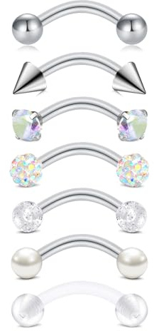 Briana Williams 7pcs Curved Barbell Eyebrow Belly Lip Tragus Bar Silver Stainless Steel 16G 8mm Piercing Jewelery