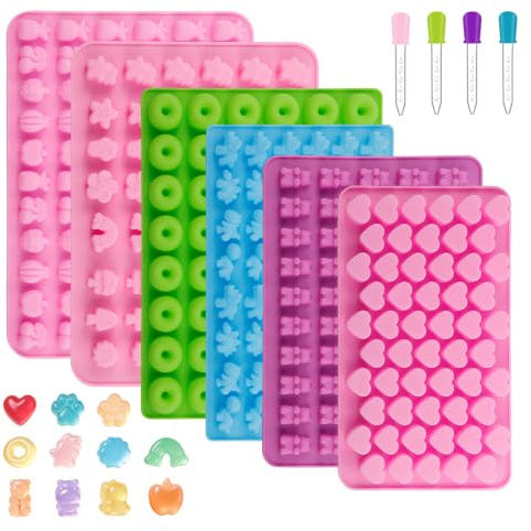 WATUNID 6 gummibjörnar sötsaker silikonformar, med 4 droppar, BPA-fri | Gummibjörnsformer, dinosaurie munk hjärta björn fruktföremål, non-stick, livsmedelssäker, för godis gelé choklad