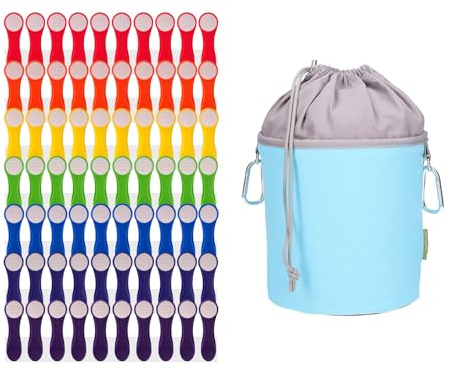 trendfinding 70 Regenbogen Wäscheklammern bunt weiß mit Edelstahlfedern und Softgrip, 1 Canvas Wäscheklammerbeutel Hellblau Grau