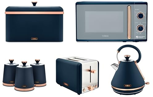 Tower Cavaletto Midnight Blue 1.7L 3KW Pyramid Kettle, 2 Slice Toaster, 800W 20L Microwave, Bread Bin & Canisters. Matching Kitchen Set of 7 in Midnight Blue with Rose Gold Accents