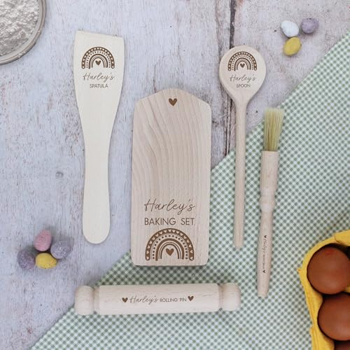 eBuyGB Personalised Kids Baking Set, Children’s Rainbow Mini Wooden Baking Tools, Kids Baking Kit with Utensils, Mixing Spoon, Rolling Pin, Pastry Brush, Spatula & Cutting Board
