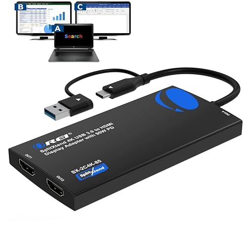 OREI SplitExtend 4K HDMI Splitter Extended Display for Dual Monitor with PD | Multi-Monitor Display 3 Separate Screens - USB A & USB-C Adapter to HDMI 2.0, 4K@60hz, 90W PD Charger