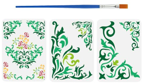 FINGERINSPIRE 3 Pochoir D'Angle à Bordure Damassé Avec Un Pinceau 29.7X21cm Modèle de Peinture pour Papier Peint Damassé Pochoir à Motif Floral Damassé pour Peinture sur Bois Mur Tissu Meubles