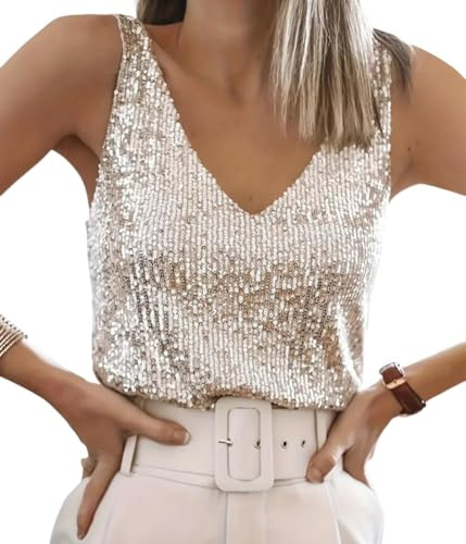 ORANDESIGNE Tanktops Pailletten Damen V-Ausschnitt Ärmelloses Top mit Schimmernden Pailletten Glitzer Oberteile Abend Glitzertop Frauen Party Disco Outfit Damen