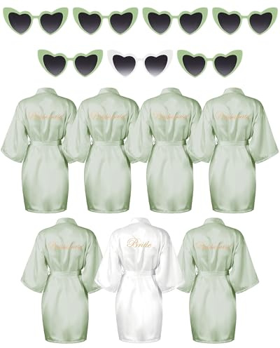 Xuhal Bademantel-Set für Braut, Brautjungfer, für Hochzeit, Brautparty, Satin-Bademantel, Trauzeugin, Bademantel mit herzförmiger Sonnenbrille, 7-teiliges Set
