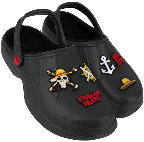 One Piece Sabots Homme Doublés Polaire avec Détails Décoratifs, Chaussures Hommes Hiver Jardin, Anime Mules avec Bride