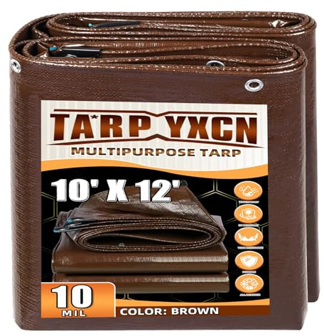 Brown Tarp 10x12 Feet, 10 Mil Thick Waterproof Poly Tarps Cover UV Resistant, Rip & Tear Proof with Metal Grommets Every 20 Inches