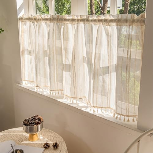 WeeQil Scheibengardine Halbtransparent Bistro Kurz Modern Küche für Kleine Fenster Bistrogardine Küchen Gardinen Landhaus Vorhänge Quasten Wohnzimmer 1 Stück, Höhe 30 45 60 cm Hoch, Beige HxB 60x90cm