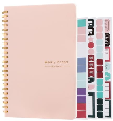 Nynkyon Agenda semainier A5 non daté - Carnet de liste de choses à faire avec reliure à spirale, suivi des habitudes et section notes, planificateur de productivité de 52 pages pour le