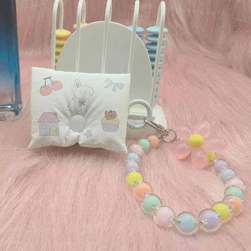 HPOD Kompatibel med AirPods-fodral, trendig och trendig dunbomull vadderad quiltad hörlursväska med bärbart rep för Airpods Pro och Airpods 3 fodral (tecknad kanin med Macaron handledspärlor)