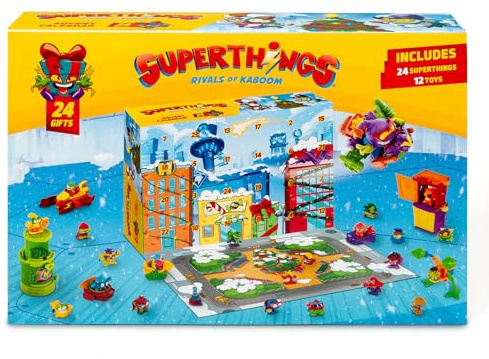 SUPERTHINGS – Calendario de Adviento.Calendario de Adviento navideño con 24 Regalos y sorpresas Especiales.Incluye Minifiguras de Superthings,Hideouts, Jets,Exoskeletons y Special Vehicles