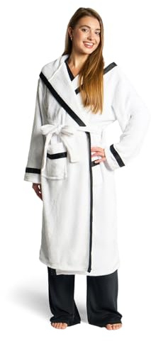 OHS Dressing Gown Womens Piped, Gifts for Women Men Super Soft Warm Comfy Flannel Fleece Mens Dressing Gowns with Hood & Pockets Luxury Fluffy Long Bathrobes Women, White/Black
