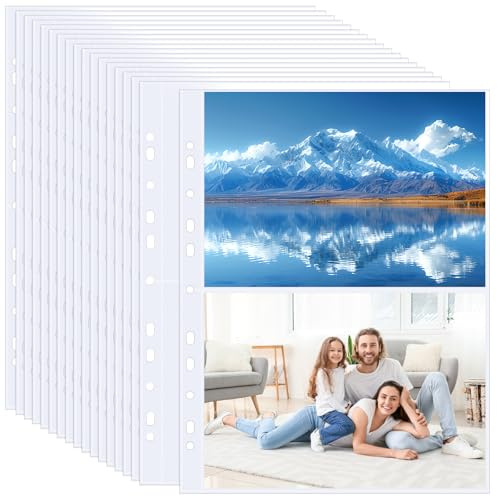 Lociban 60er Pack 240 Taschen A4 Fotohüllen für A4 2/3/4 Ringbuch, Doppelseitiger Transparente Postkartenhüllen mit 2 Fächern, Top Loading Nachfüllseiten für Fotoalben (219x152 mm)