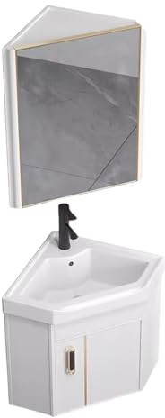 Tocador de baño pequeño de esquina con lavabo, moderno lavabo flotante de cerámica montado en la pared con espejo para espacio compacto, gran espacio de almacenamiento (38 cm)