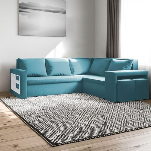 FORNIRO 24 Malabo L Ecksofa 220x202cm Blau Wohnzimmer Couch Schlafsofa | Mit Schlaffunktion & Bettkasten - L-Form - Kissen - Hocker - Stoff Premium | ausziehbar Gäste bequem Stauraum Design Eckcouch