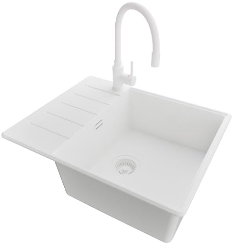 PRIMAGRAN Lavandino da Cucina Tutto Bianco 62x50cm, Lavello in Granito a 1 vasca + Rubinetto 38x14cm + Sifone Classico, Lavabo Incasso al mobile 50cm - Copenhagen