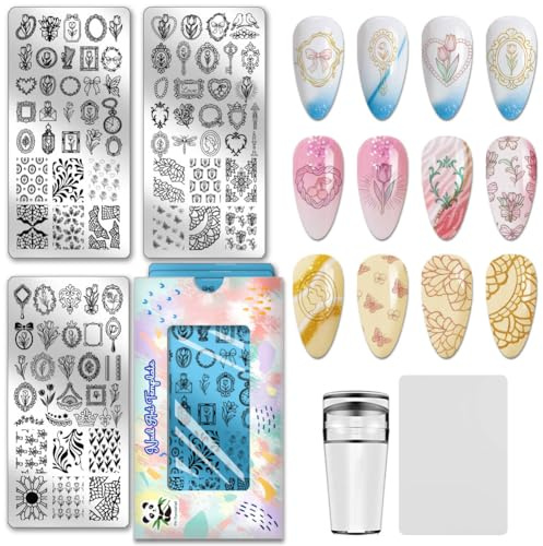 PH PandaHall 3pcs Plaque de Stamping pour Ongles Tulipe Pochoirs pour Nail Art Style Miroir Vintage Gabarits de Nail Art avec Cadre Photo Plaques D'Images pour Femmes Design Salon de Manucure