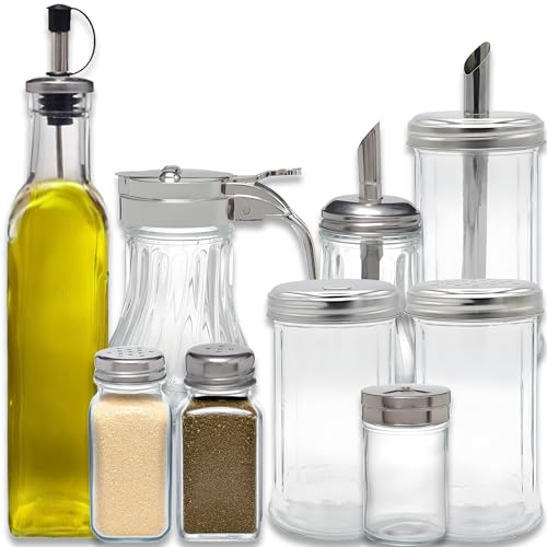 Gastro Gewürz- & Ölspender Set aus Glas – Salz, Pfeffer, Zucker, Öl & Streuer | Edelstahl Verschlüsse | Spülmaschinengeeignet | Für Küche & Gastronomie