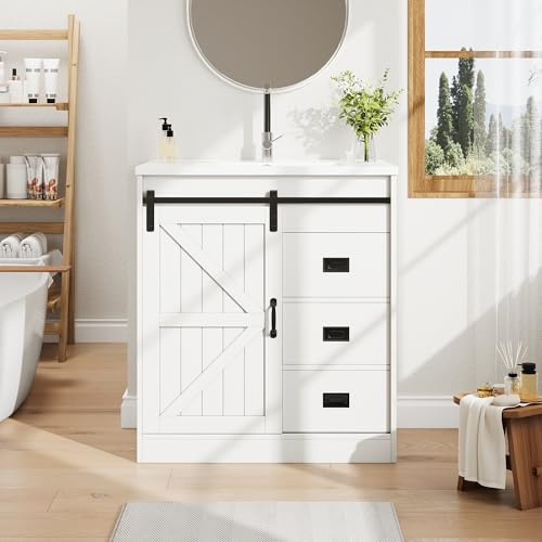 Yihomfy Meuble lavabo 76 cm avec Vasque en céramique, Petit Meuble sous-Vasque avec Porte Coulissante et 2 Tiroirs, Désign Simple Moderne, pour Petite Salle de Bain et WC invités, Blanc-A