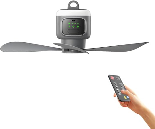 XOQUAI Ventilatore da soffitto con telecomando, ventilatore da campeggio, piccolo ventilatore da soffitto, ricaricabile, potenza di 9 W, batteria da 12000 mAh, 4 velocità regolabili e funzione di