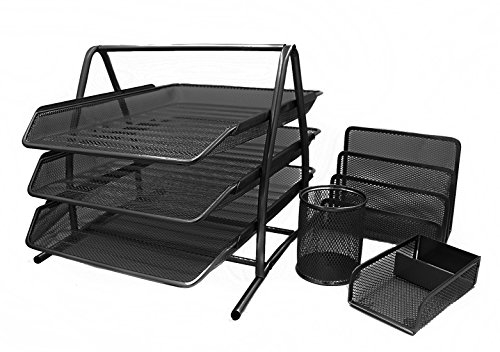 EasyPAG Organizzatore da Scrivania Set di 4 A4 3 Compartimenti Metallo Rete,Vassoio Portadocumenti,Portapenne Ufficio,Portaposta da Tavolo,Portapostit per Casa & Scuola,Nero