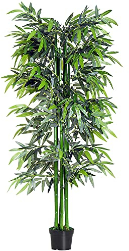 Outsunny Bambú Artificial 180 cm con Cañas Naturales Planta Artificial con Maceta Árbol Decorativo para Hogar Salón Oficina Verde