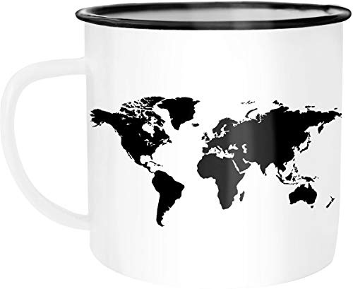 Autiga Emaille Tasse Becher Weltkarte World Map Kaffee-Tasse Weiss-schwarz unisize