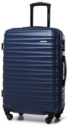 WITTCHEN Reisekoffer Rollkoffer Trolley Mittlerer Koffer Reisekoffer Hartschale aus ABS Mittelgroßkoffer mit 4 Spinner-Rollen Zahlenschloss Groove Line Größe M Marineblau Lufthansa/Eurowings/Ryanair
