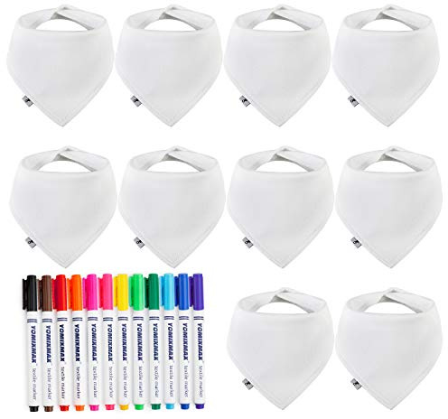 FUTURE FOUNDER Baberos blancos para pintar de bebé Paño triangular, 10 paños de algodón para eructos y 12 rotuladores textiles premium Ideal para diseñar y pintar por ti mismo