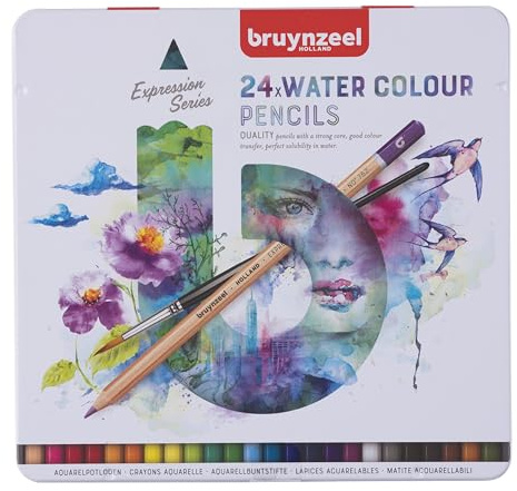 BRUYNZEEL Expression Crayons de couleur aquarellables set de 24 + pinceau| Crayons solubles à l'eau pour adultes, Bullet Journaling