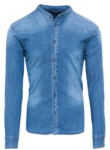 Evoga Camicia di Jeans Uomo Denim Casual con Collo alla Coreana Slim Fit (S, Celeste)