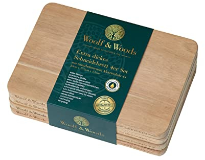 Woolf & Woods | Schneidebrett Set 4 Stück | extra dick | reines Naturprodukt | Holzbrettchen aus Akazie | klingenschonend | unbehandelt | Servier- u. Küchenbrett