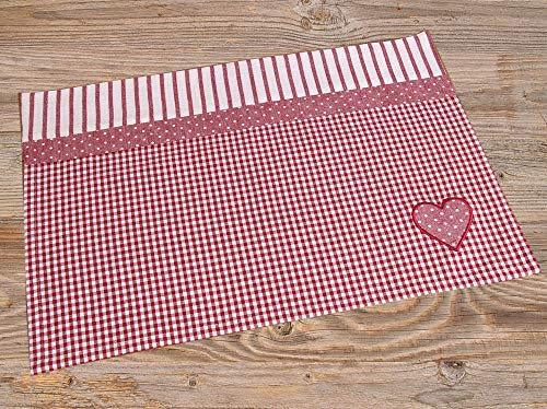 matches21 Tischset Tischwäsche Stoff Platzdeckchen Landhaus Premium LINA Stoffmix & Herz-Applikation 33x48 cm 1 STK - rot