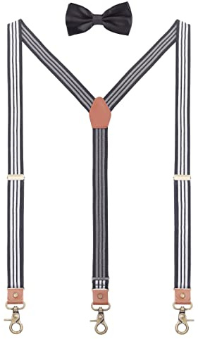 WANYING 2,5cm Bretelle Papillon Set per Uomo Donna | Y forma Retrò in Pelle PU Chiusura Moschettone Bretelle Elastico Regolabile per Statura 150-200cm - A righe Bianco Nero