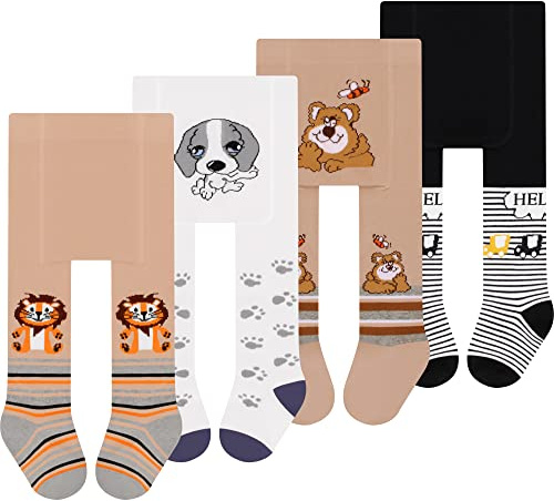 L&K-II 4er Pack Babystrumpfhose Strumpfhose für Baby Jungen mit Hund Löwen Affen Bären und Auto Motiv 2760A 68-74