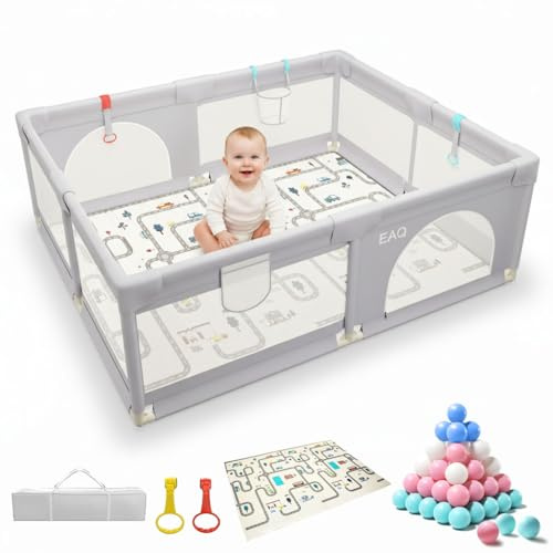 EAQ Baby Laufstall mit Matte 150x150cm Laufgitter Sicherheitsspielplatz mit superweichem, atmungsaktivem Netz, Kinderzaun für Säuglinge Kleinkinder